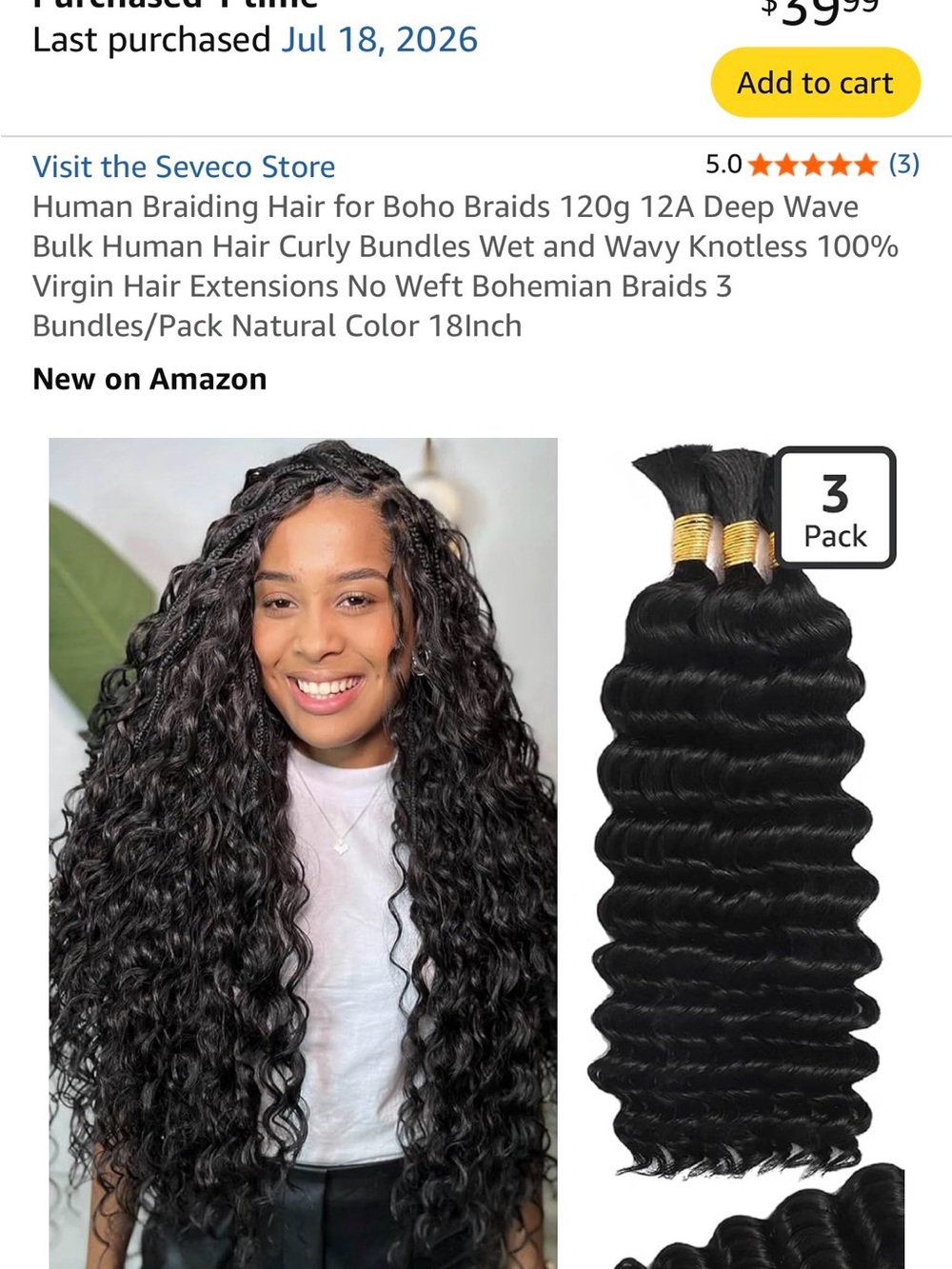 Human Braiding Hair - Deep Wave Curly Extensions (Black) - 3 Pack